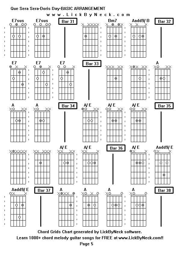 Chord Grids Chart of chord melody fingerstyle guitar song-Que Sera Sera-Doris Day-BASIC ARRANGEMENT,generated by LickByNeck software.